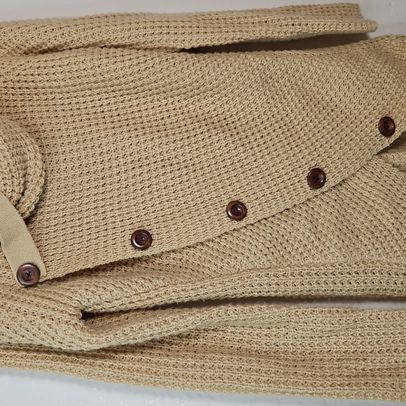 Cozy Tan Knit Sweater with Button Detail | Asymmetrical Cowl Neck Size M - Picture 7 of 11